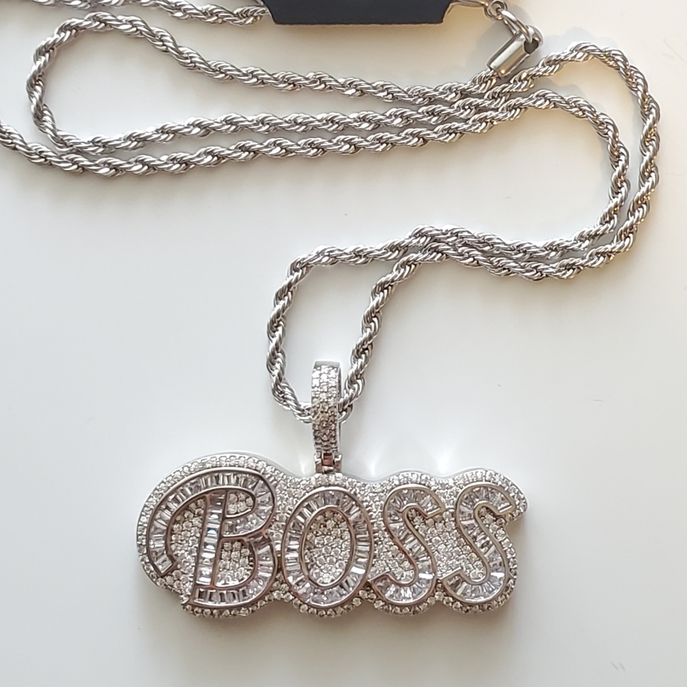 Stainless Steel BOSS Pendant Necklace Iced Baguette CZ 18" Rope Chain